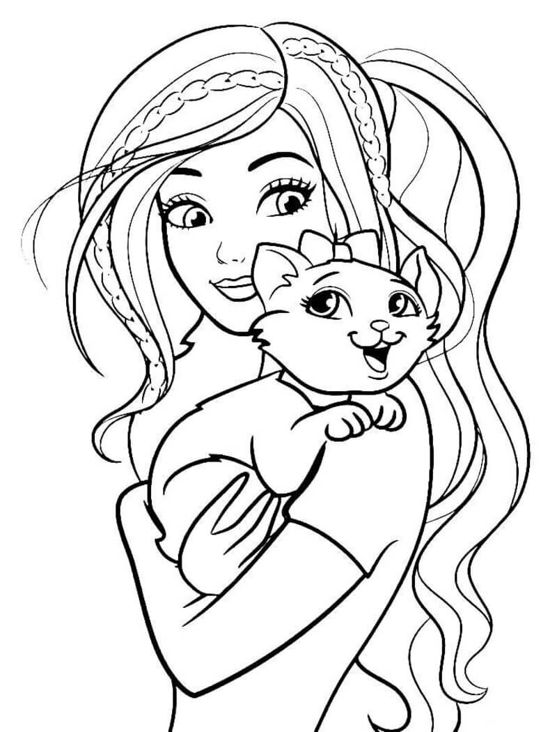 Kolorowanka Młoda dziewczyna Barbie trzyma kota