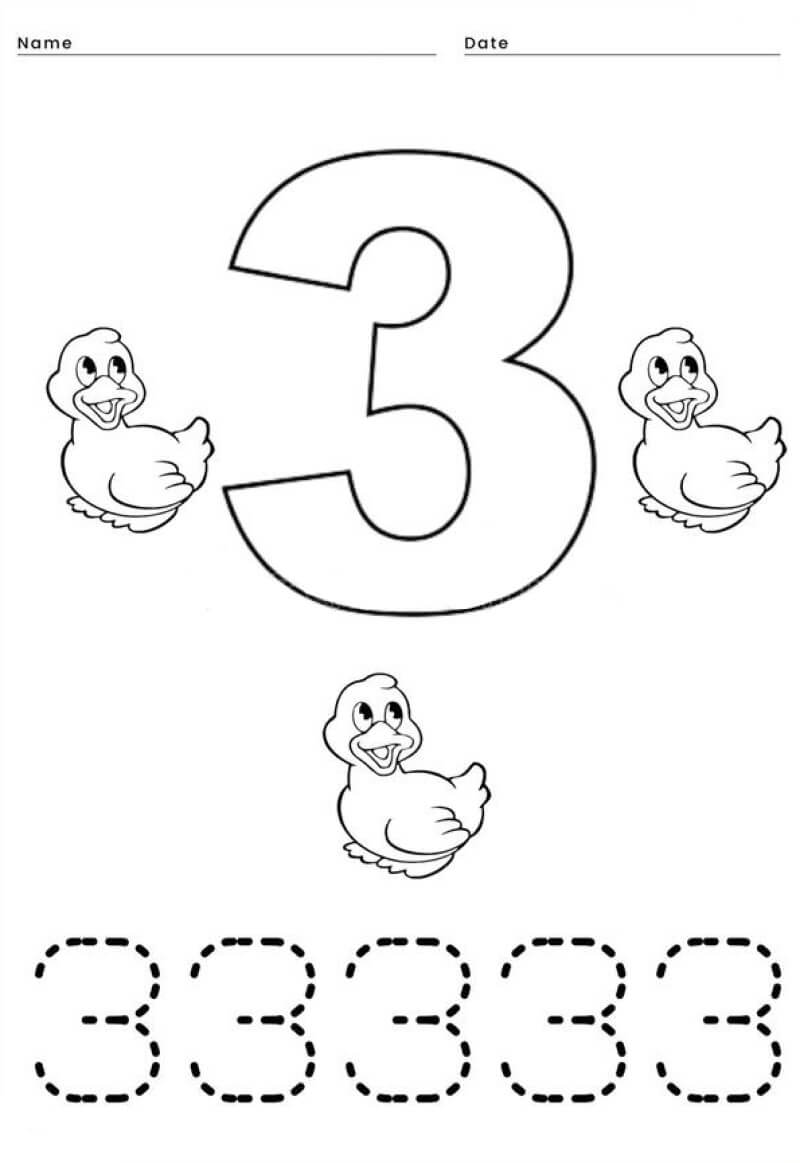 Kolorowanka Numer 3 i 3 małe kaczki