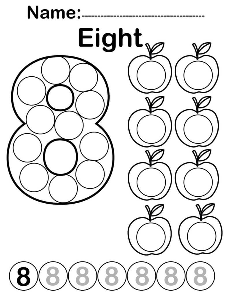 Kolorowanka Numer 8 i 8 jabłka