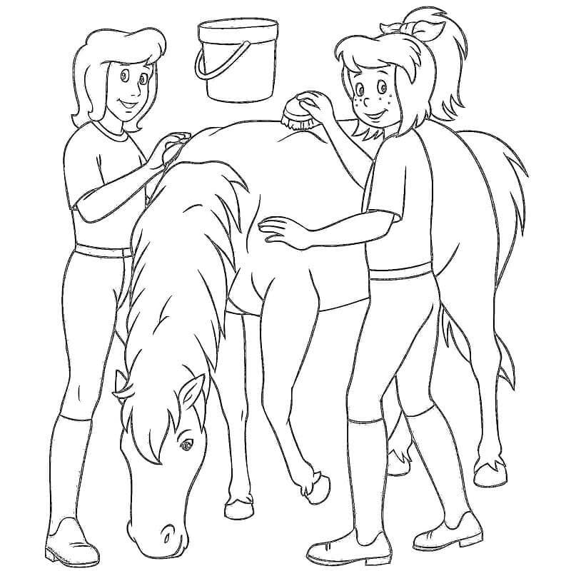 Kolorowanki Bibi i Tina kąpią konie