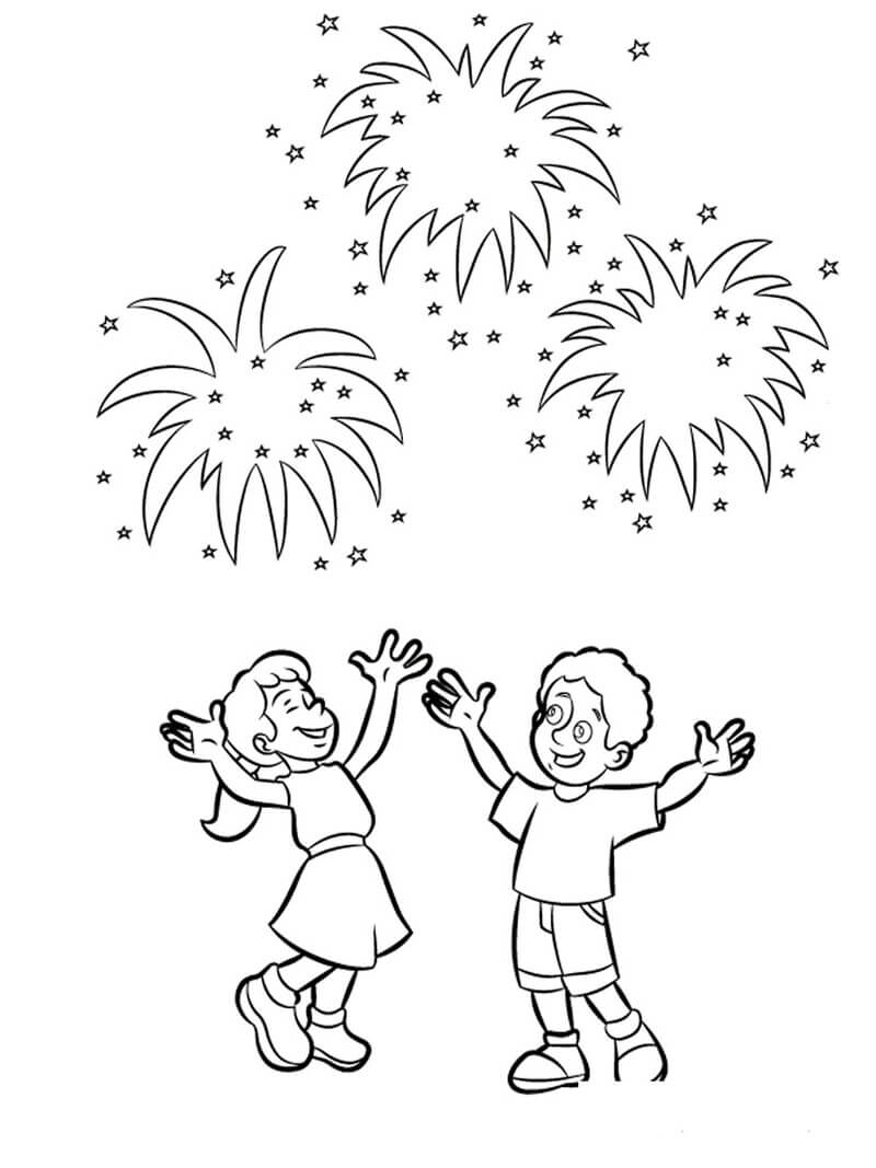 Kolorowanka Szczęśliwi dzieciaki z fajerwerkami