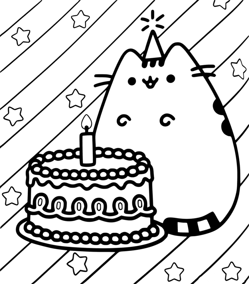 Kolorowanka Pusheen i tort urodzinowy