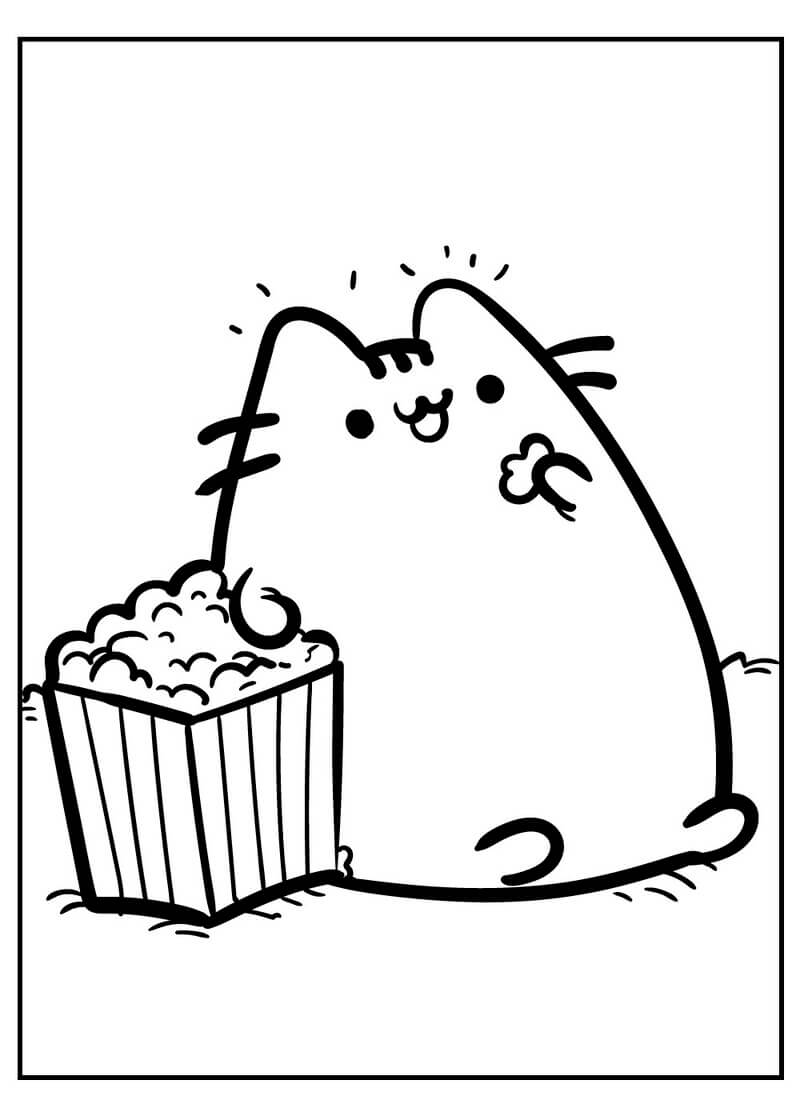 Kolorowanka Pusheen jedzący popcorn