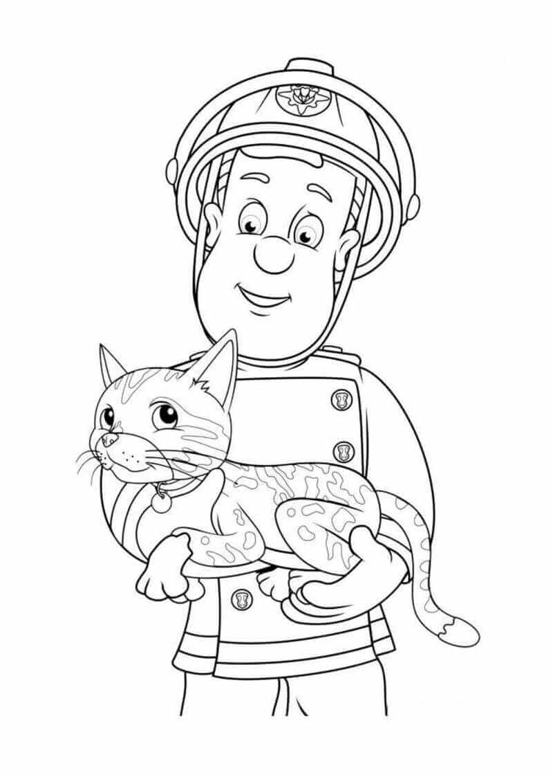 Kolorowanka Strażak Sam przytula kota