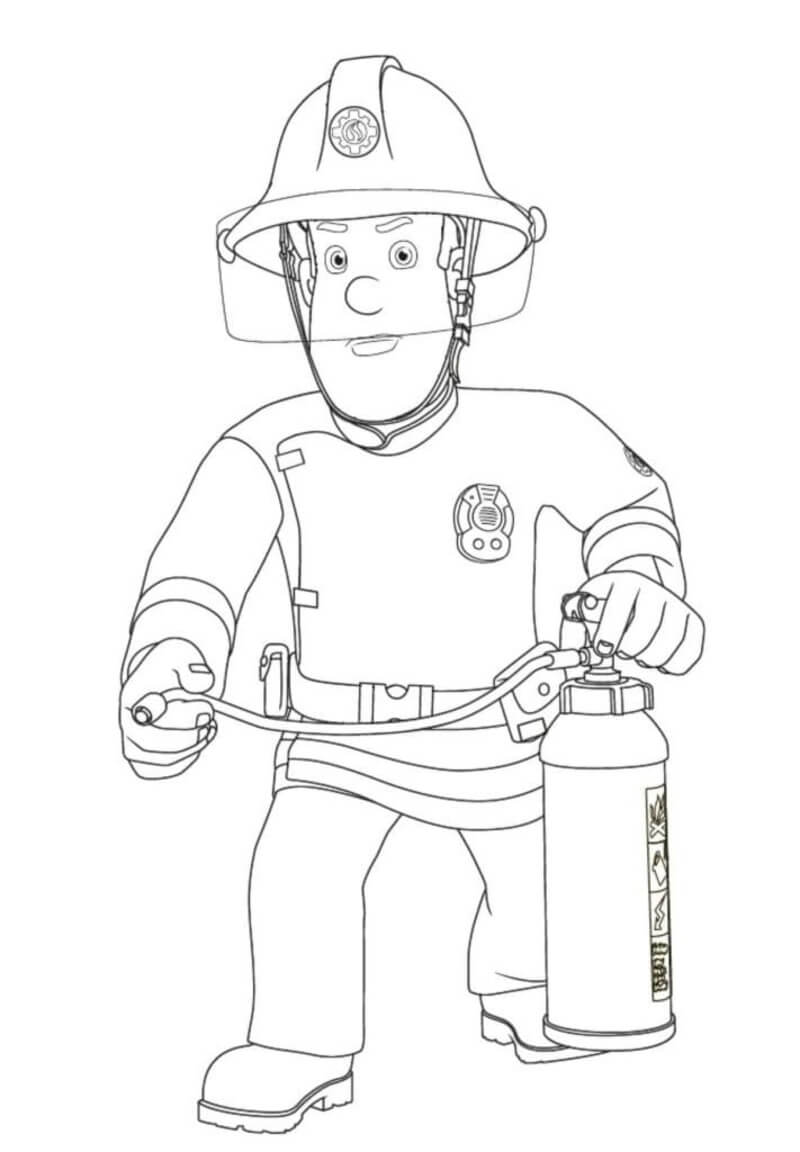 Kolorowanka Fireman Sam with the fire extinguisher
