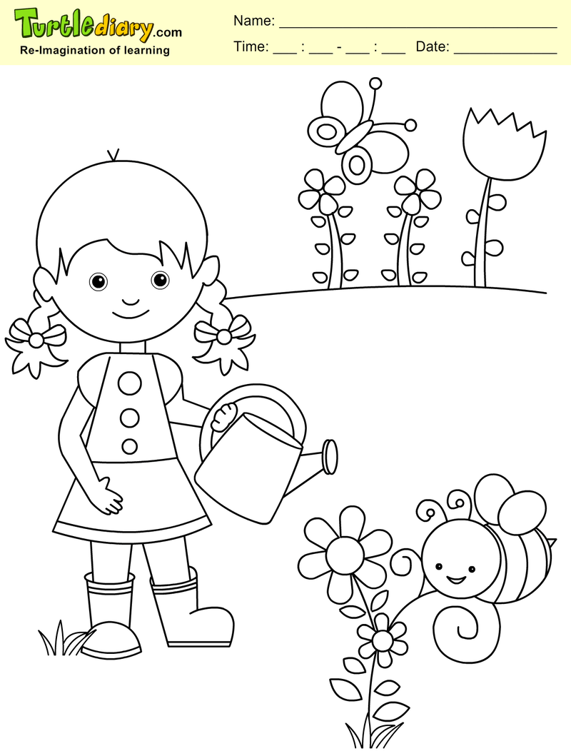 Kolorowanka Mała dziewczynka w ogródzie