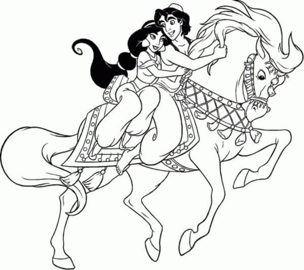 Kolorowanka Aladyn i Dżasmina Na Białym Koniu