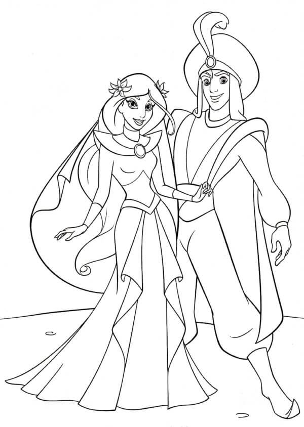 Kolorowanka Ślub Aladyna i księżniczki Jasmine