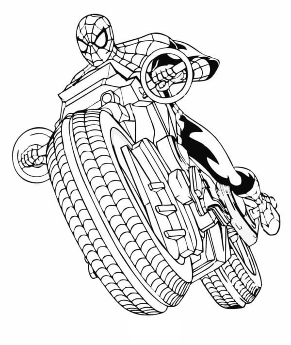 Kolorowanka Spider-Man Jazdy Motocyklem