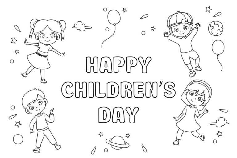 Kolorowanka Szczęśliwa Czwórka Dzieci w Dzień Dziecka