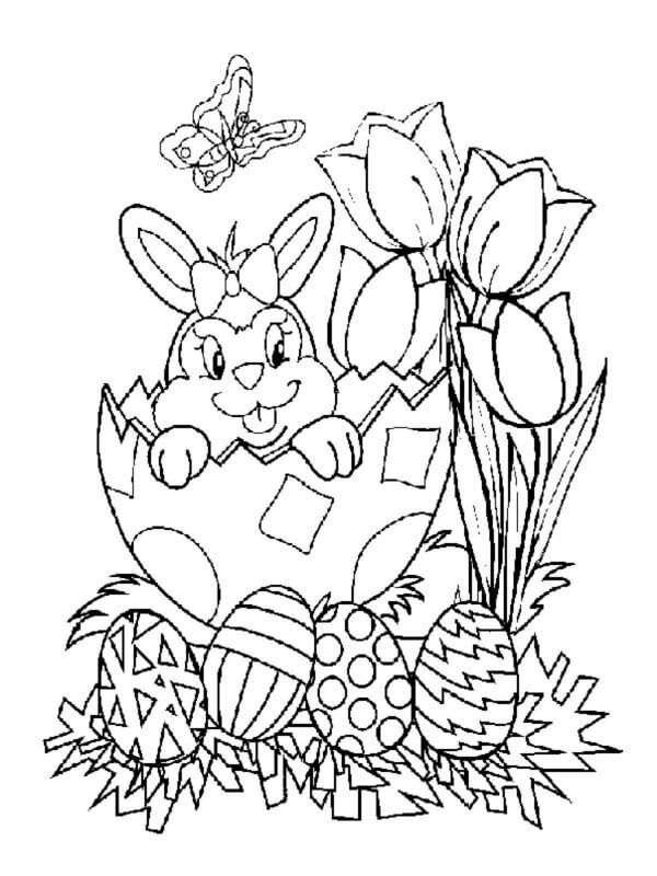 Kolorowanka Szczęśliwy Królik w Kokardce Wygląda z Jajka, by Podziwiać Bukiet Tulipanów