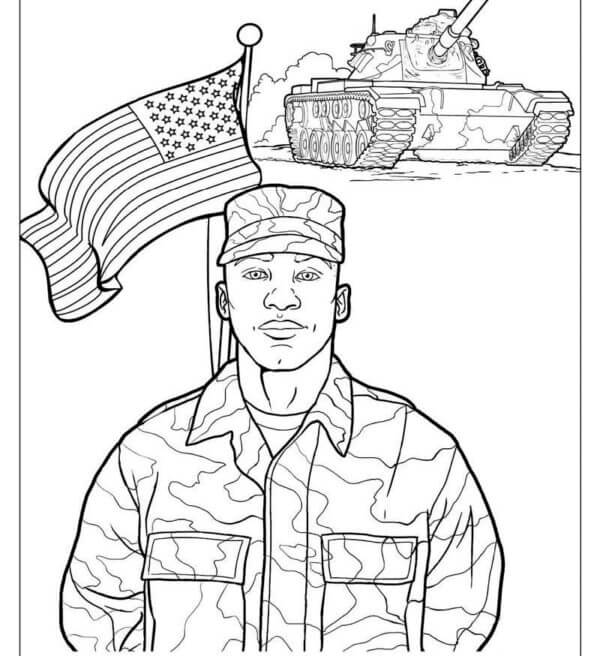 Kolorowanka Twarz żołnierza z Amerykańską Flagą i Czołgiem