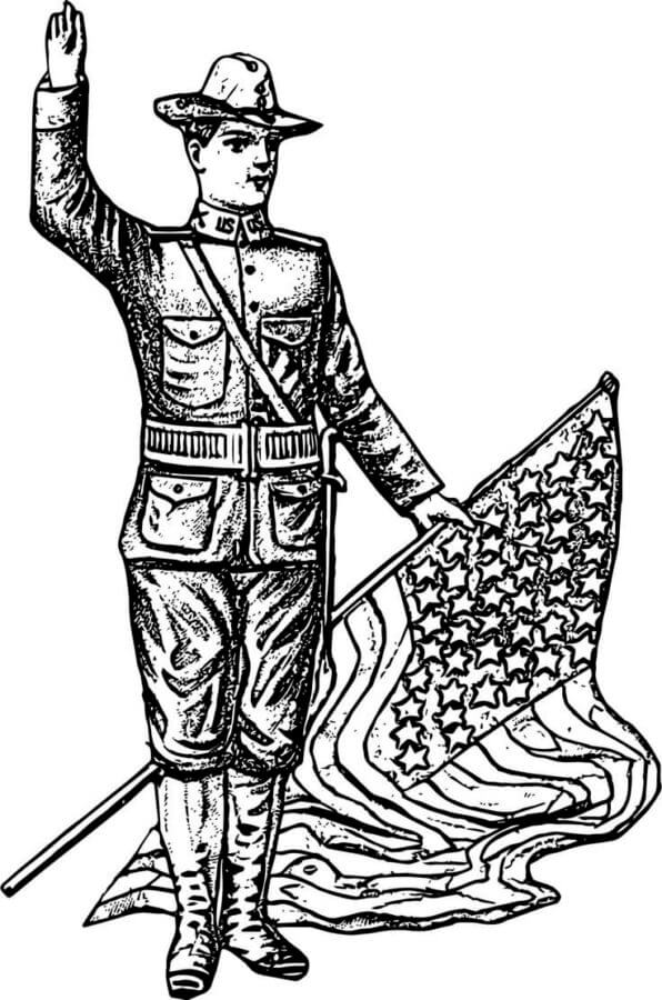 Kolorowanka Żołnierz z Amerykańską Flagą