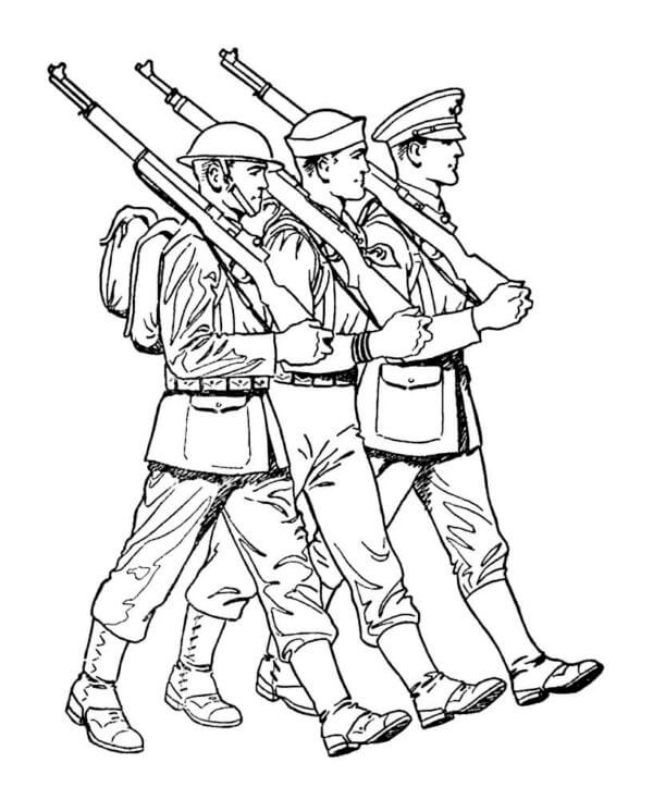 Kolorowanka trzech Żołnierzy Trzymających Broń