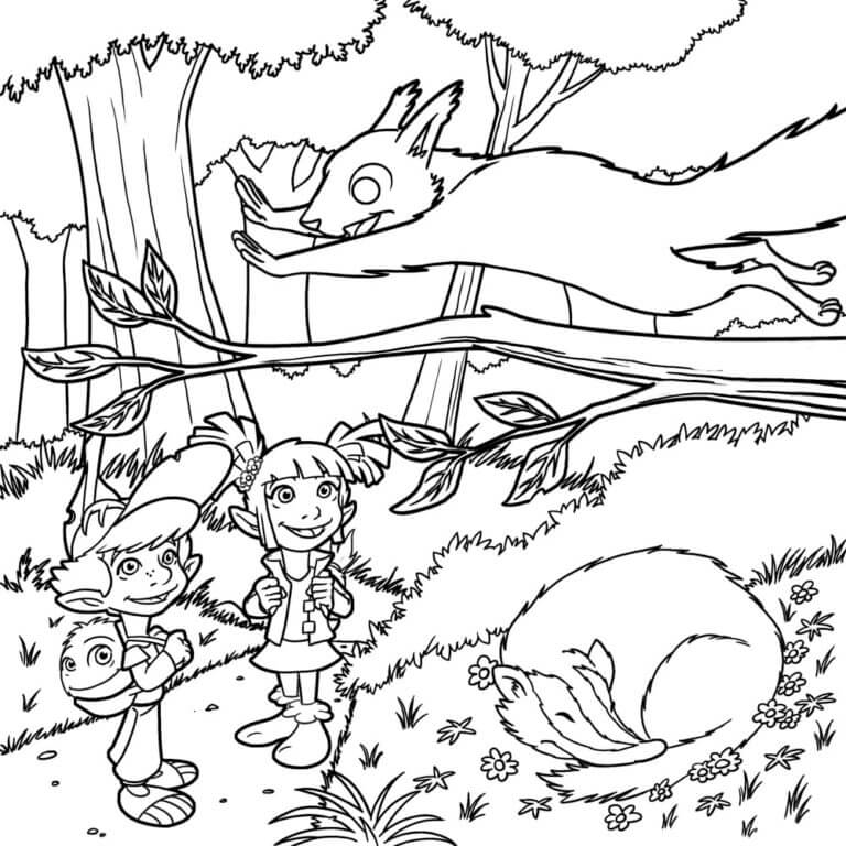 Kolorowanka Chłopiec i Dziewczynka Spacerują po Lesie