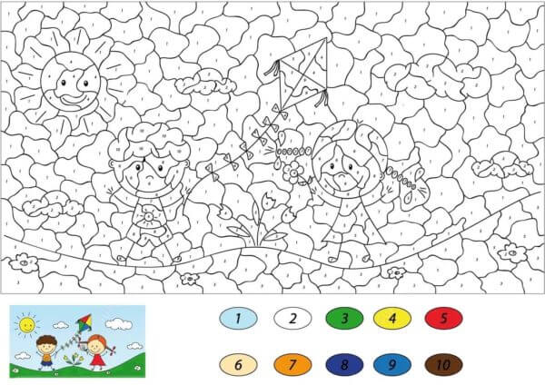Kolorowanka Dzieci Puszczają Latawiec Kolorując Według Numerów