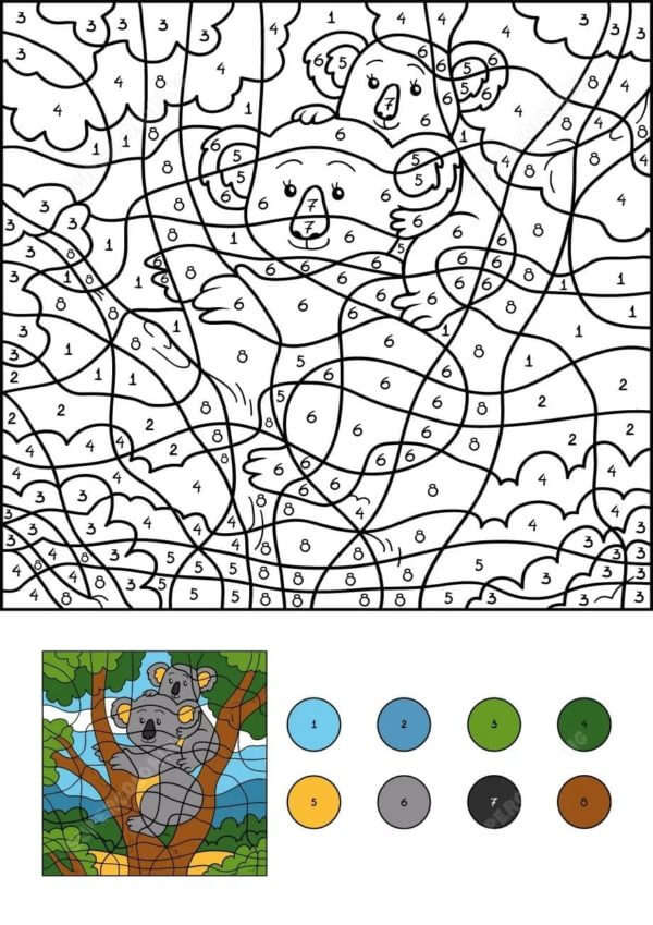 Kolorowanki Kolorowanie Według Numerów Koale Na Drzewie