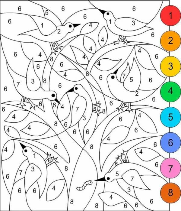 Kolorowanka Ptaki Odleciały, By Odpocząć Na Drzewie Kolorowanie Według Numerów