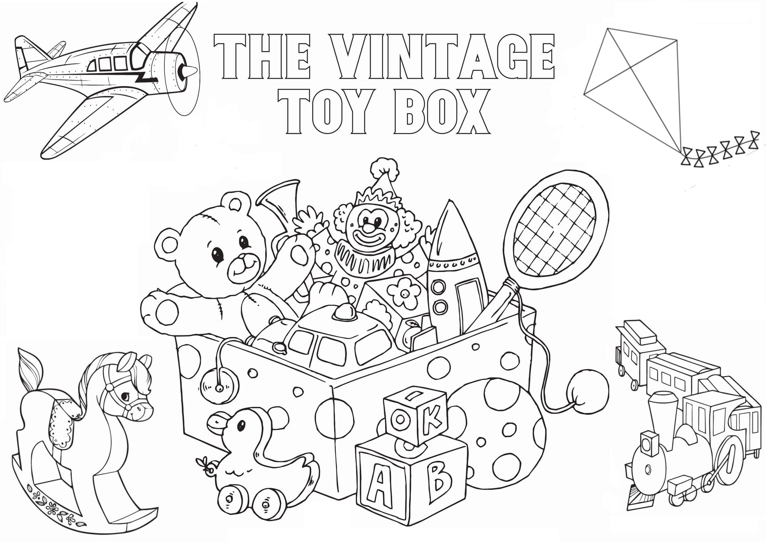 Kolorowanka Pudełko z Zabawkami w Stylu Vintage