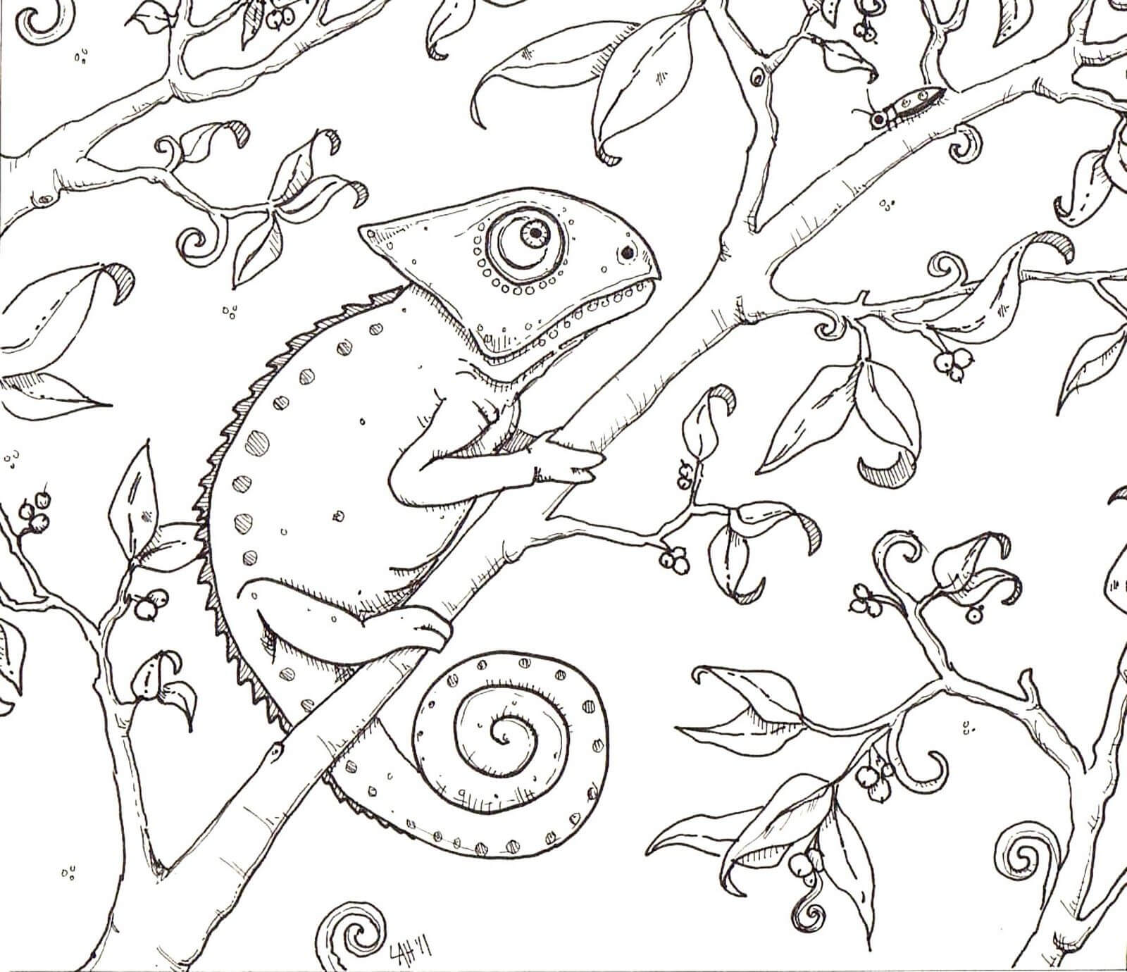 Kolorowanka Zabawny Kameleon Na Gałęzi Drzewa