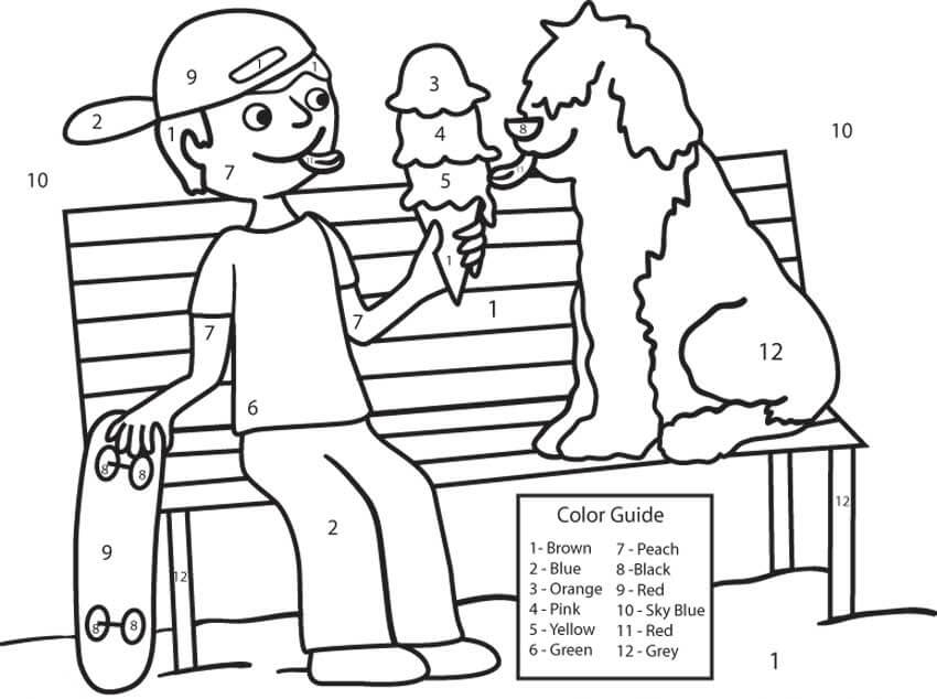 Kolorowanka Kolorowanie Według Numerów Chłopiec i Pies Jedzą Lody