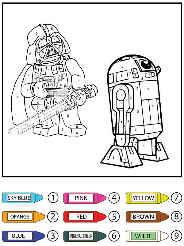 Kolorowanka Kolorowanie Według Numerów Lego Dartha Vadera i R2-D2