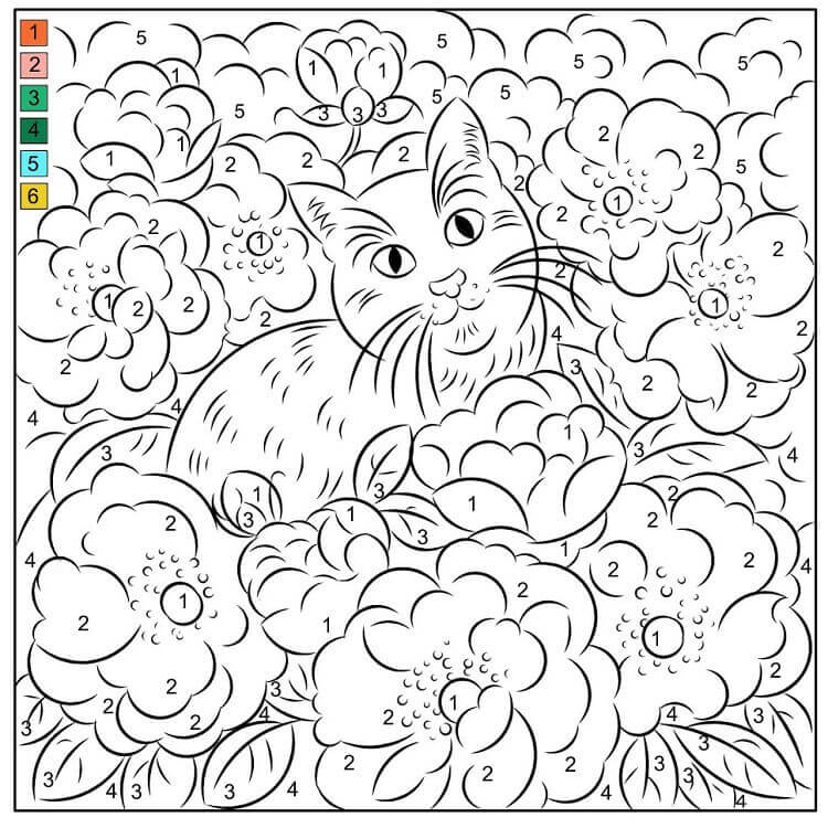 Kolorowanka Koloruj Według Numerów Kot w Lesie Kwiatowym