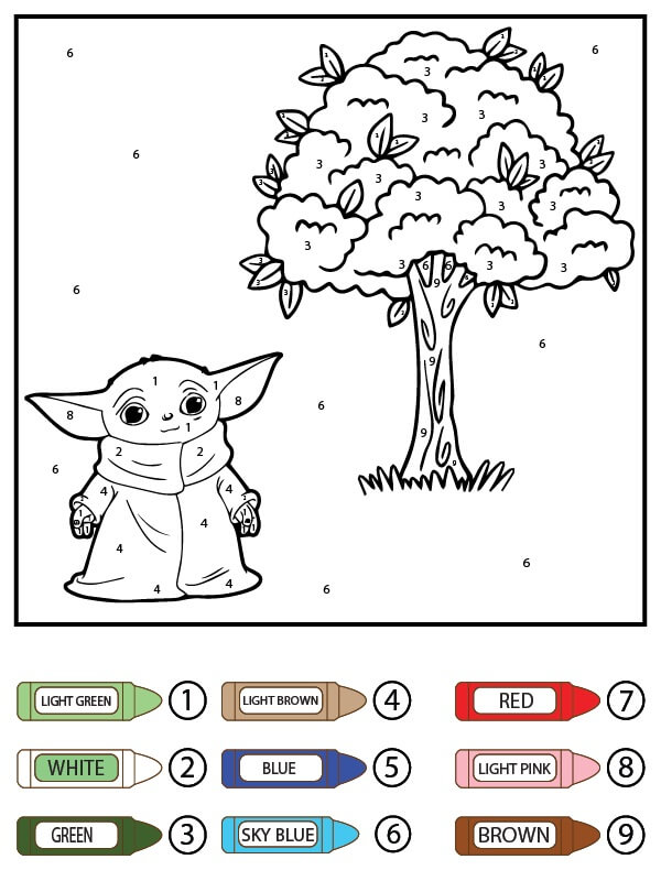 Kolorowanka Koloruj Według Numerów Mały Yoda i Drzewo