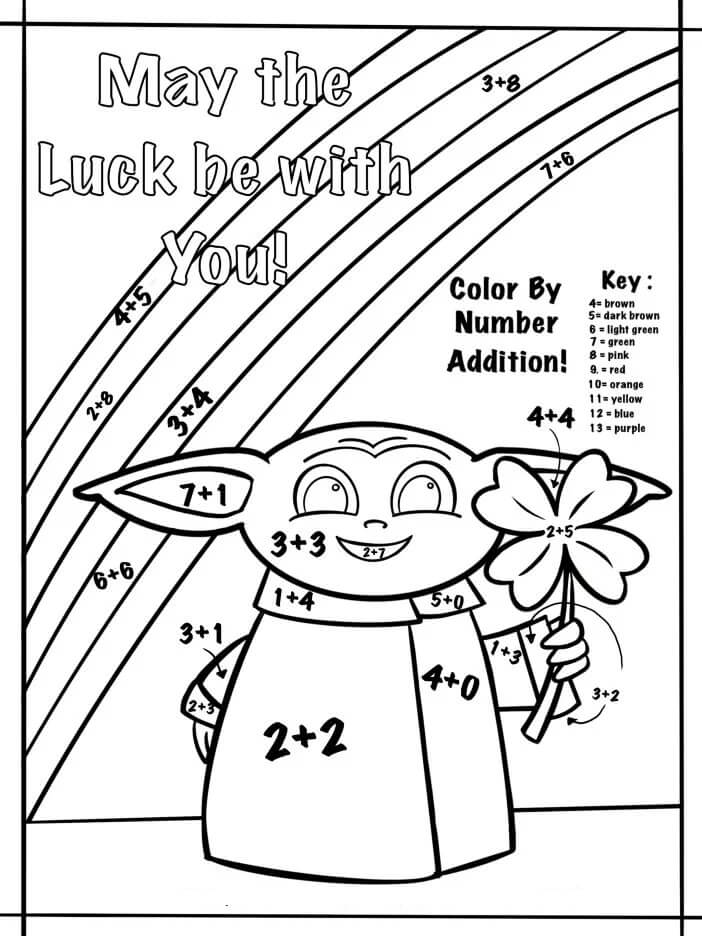 Kolorowanka Koloruj Według Numerów Mały Yoda Trzymający Liść Na Dzień Świętego Patryka