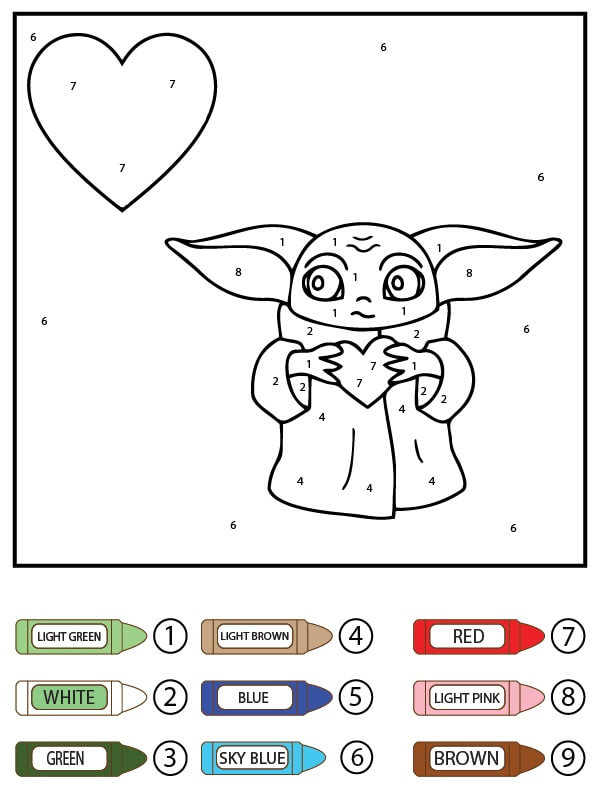 Kolorowanka Mały Yoda Trzyma Serce Koloruj Według Numerów