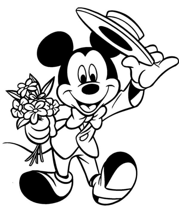 Kolorowanka Delikatny Mężczyzna Myszka Miki Trzymająca Kwiat