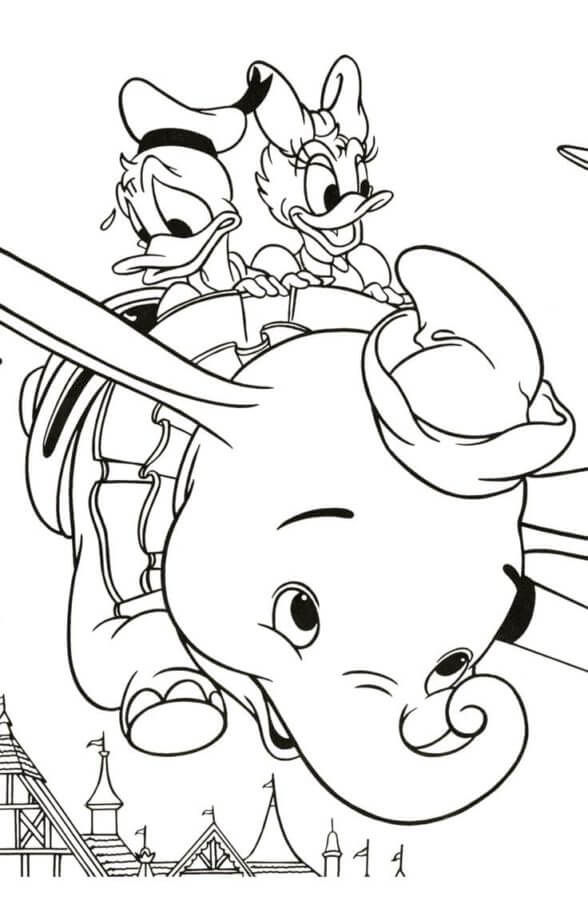 Kolorowanka Donald i Daisy Jadą Na Latającym Słoniu