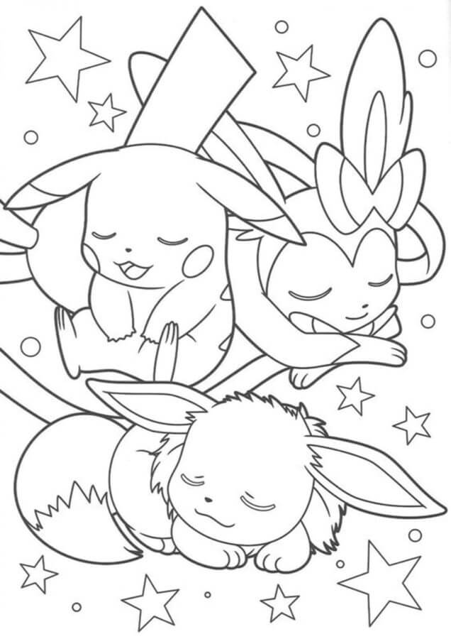 Kolorowanka Eevee śpi Wśród Gwiazd z innymi Pokemonami