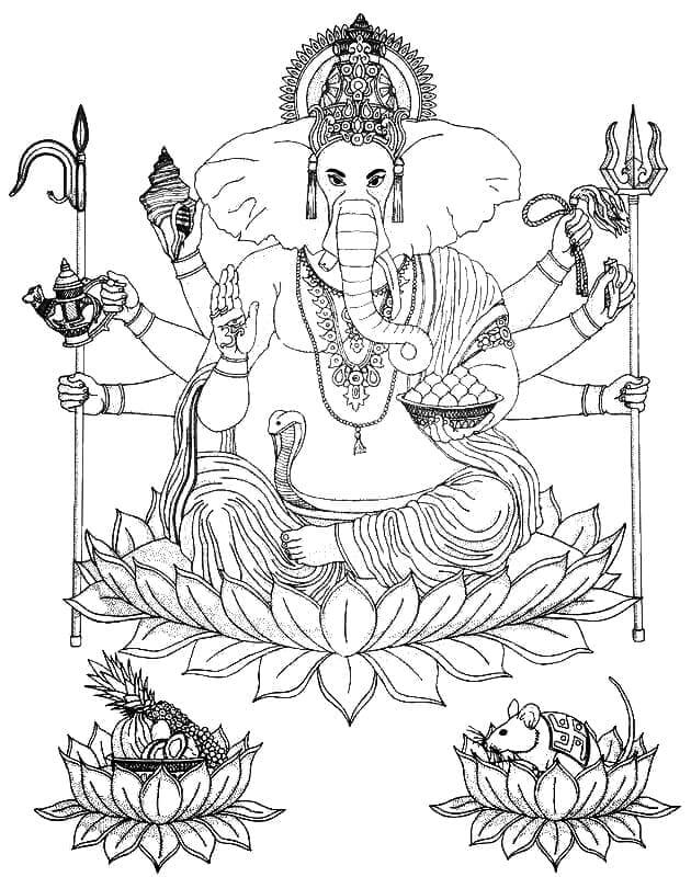 Kolorowanka Ganesha Z Jego Symbolami I Przedmiotami