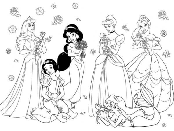 Kolorowanka Księżniczki Disneya z Kwiatami