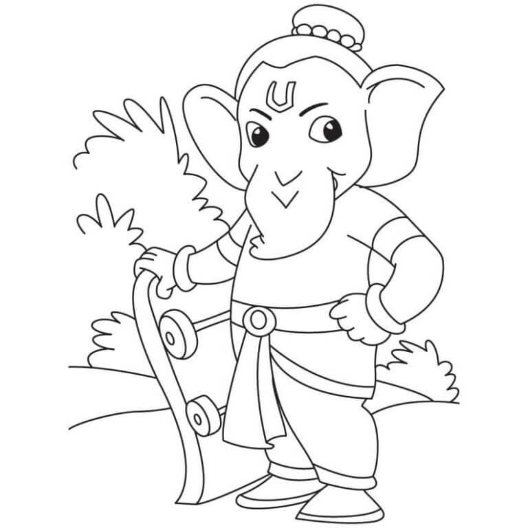 Kolorowanki Młody Ganesha Stojący z Deskorolką