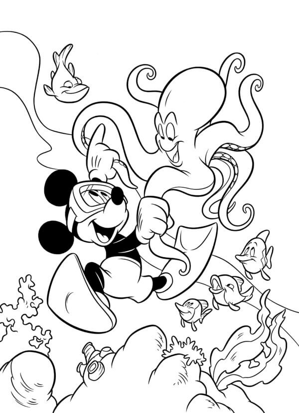 Kolorowanka Myszka Miki w Podwodnym świecie z Ośmiornicą