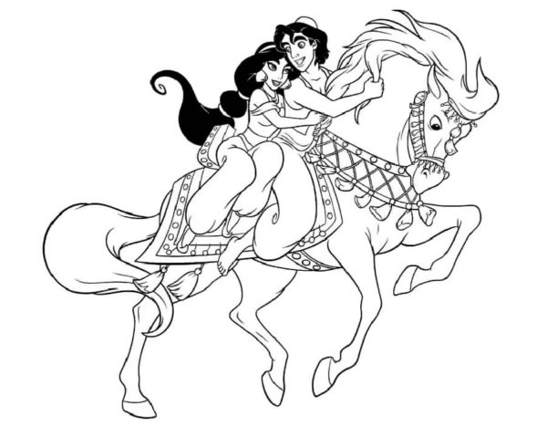 Kolorowanka Aladyn i Księżniczka Jasmine na Koniu