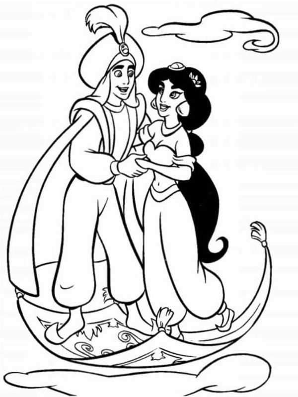 Kolorowanka Aladyn i Księżniczka Jasmine stojący na Magicznym Dywanie
