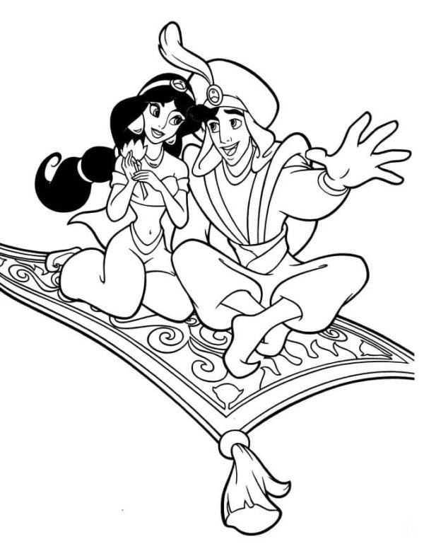 Kolorowanka Niesamowity Aladyn i księżniczka Jasmine na Magicznym Dywanie