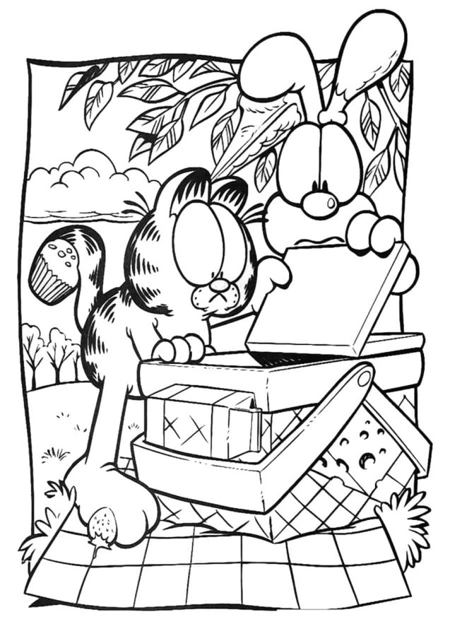 Kolorowanka Garfield i Oddie Zaglądają do Kosza Piknikowego