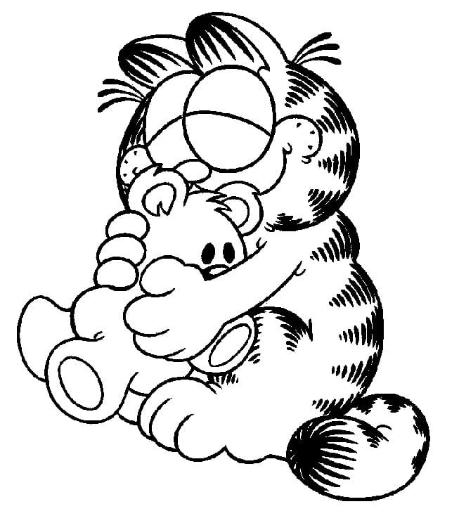 Kolorowanka Garfield Przytulający Się ze Swoją Zabawką