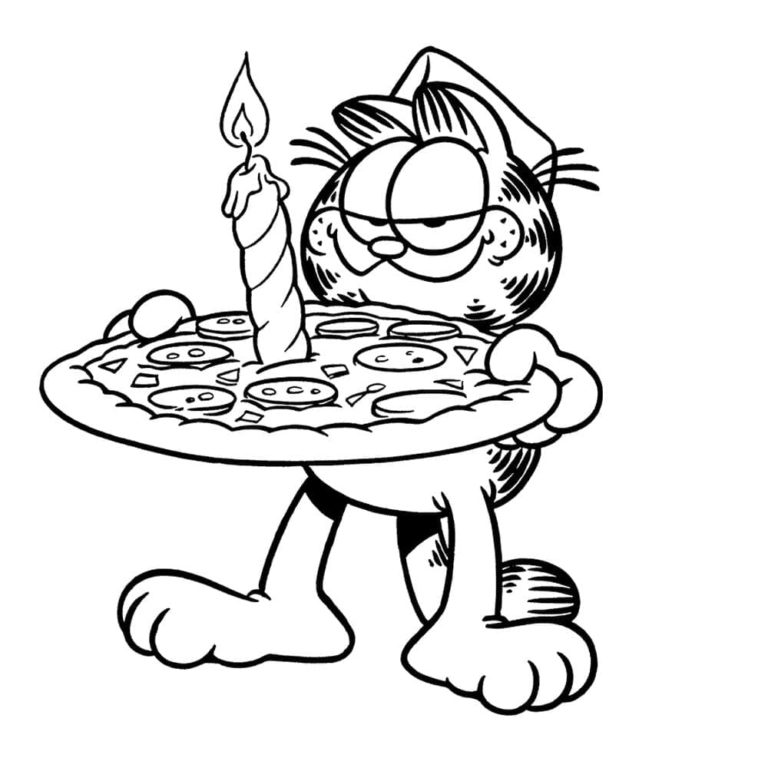 Kolorowanka Garfield Zdmuchuje świeczkę na Pizzy
