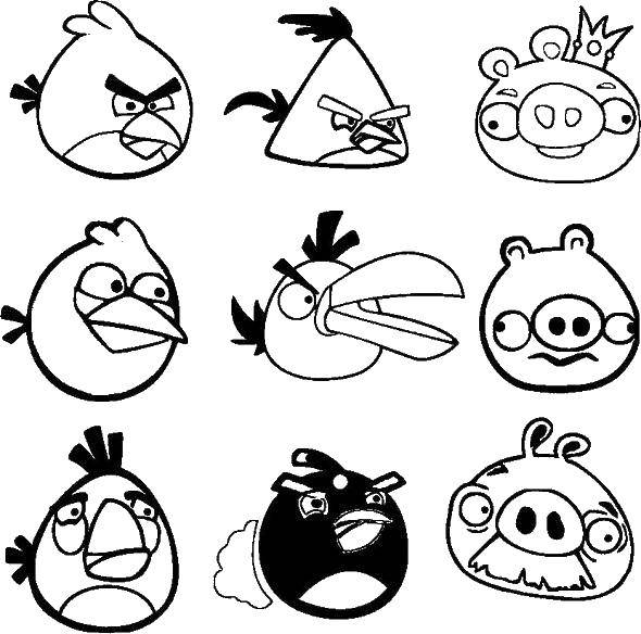 Kolorowanka Sześć Postaci z Gry Angry Birds