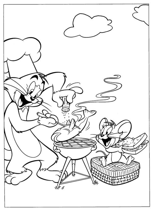 Kolorowanka Tom Grilluje Rybę, a Jerry Pożera Kanapkę