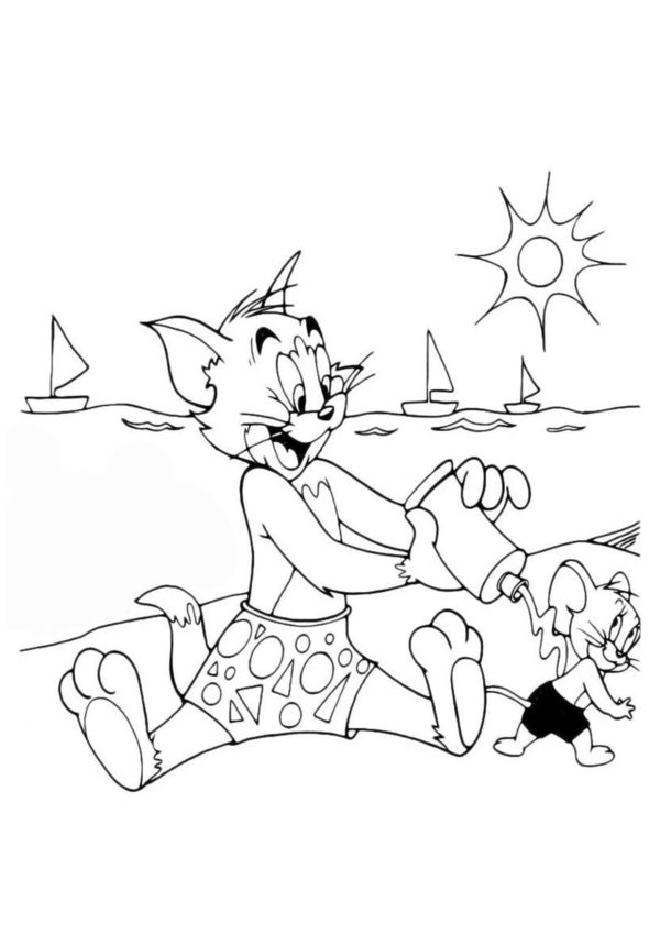 Kolorowanka Tom Nakłada Krem ​​Przeciwsłoneczny Jerry'emu na Plecy