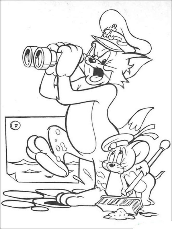 Kolorowanka Tom jest Kapitanem Statku Morskiego i Nakazuje Jerry'emu Wyszorować Pokład