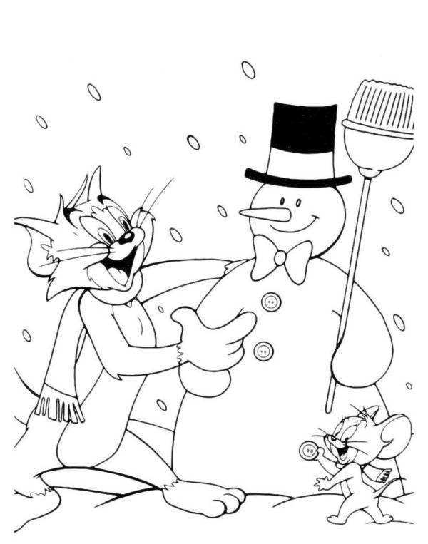 Kolorowanka Winter Tom i Jerry Wyrzeźbili Wielkiego Bałwana z Czapką, Kokardą i Miotłą