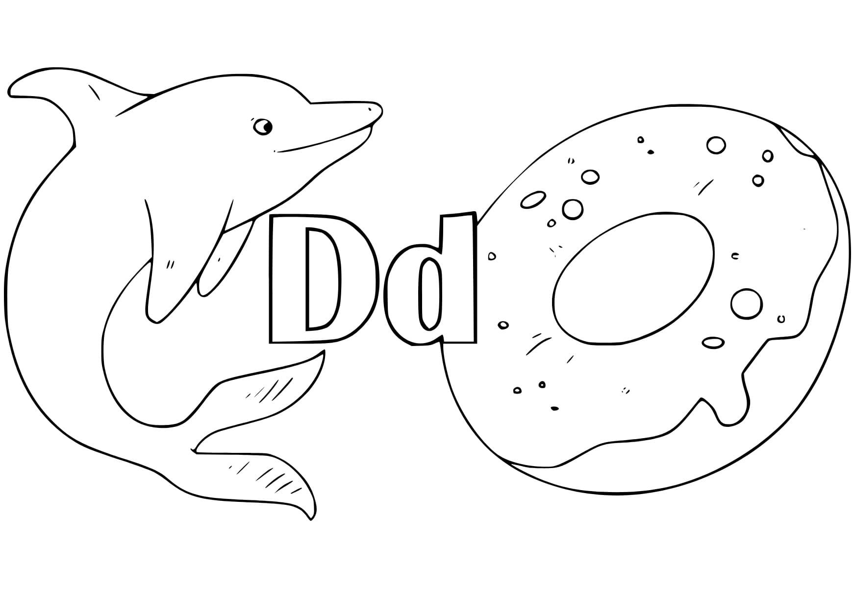 Kolorowanka Litera D oznacza delfina i pączka