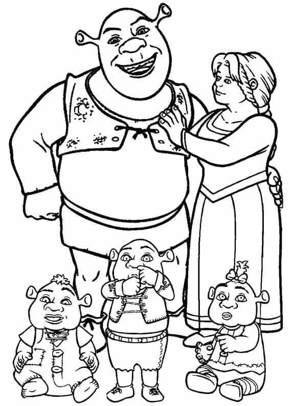 Kolorowanka Śmieszny Shrek z rodziną